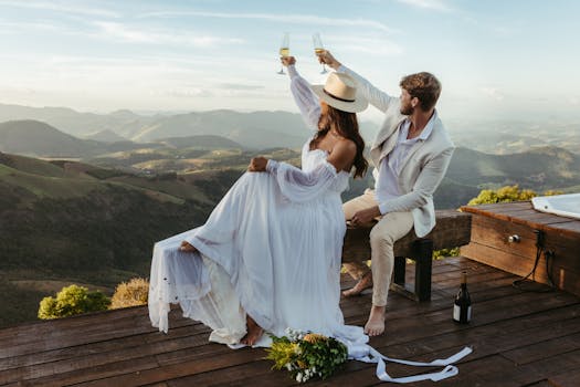 A couple in wedding attire toasts to their new life on a scenic mountain deck.