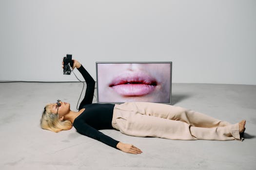 Fashionable model with eyewear posing alongside a video screen in a studio setting, blending style with technology.